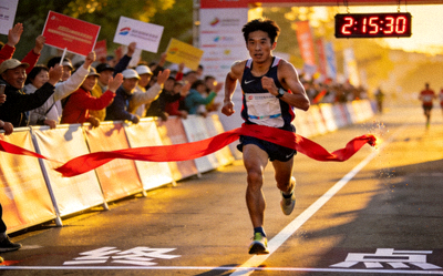 马拉松比赛选手冲过终点线新闻图片